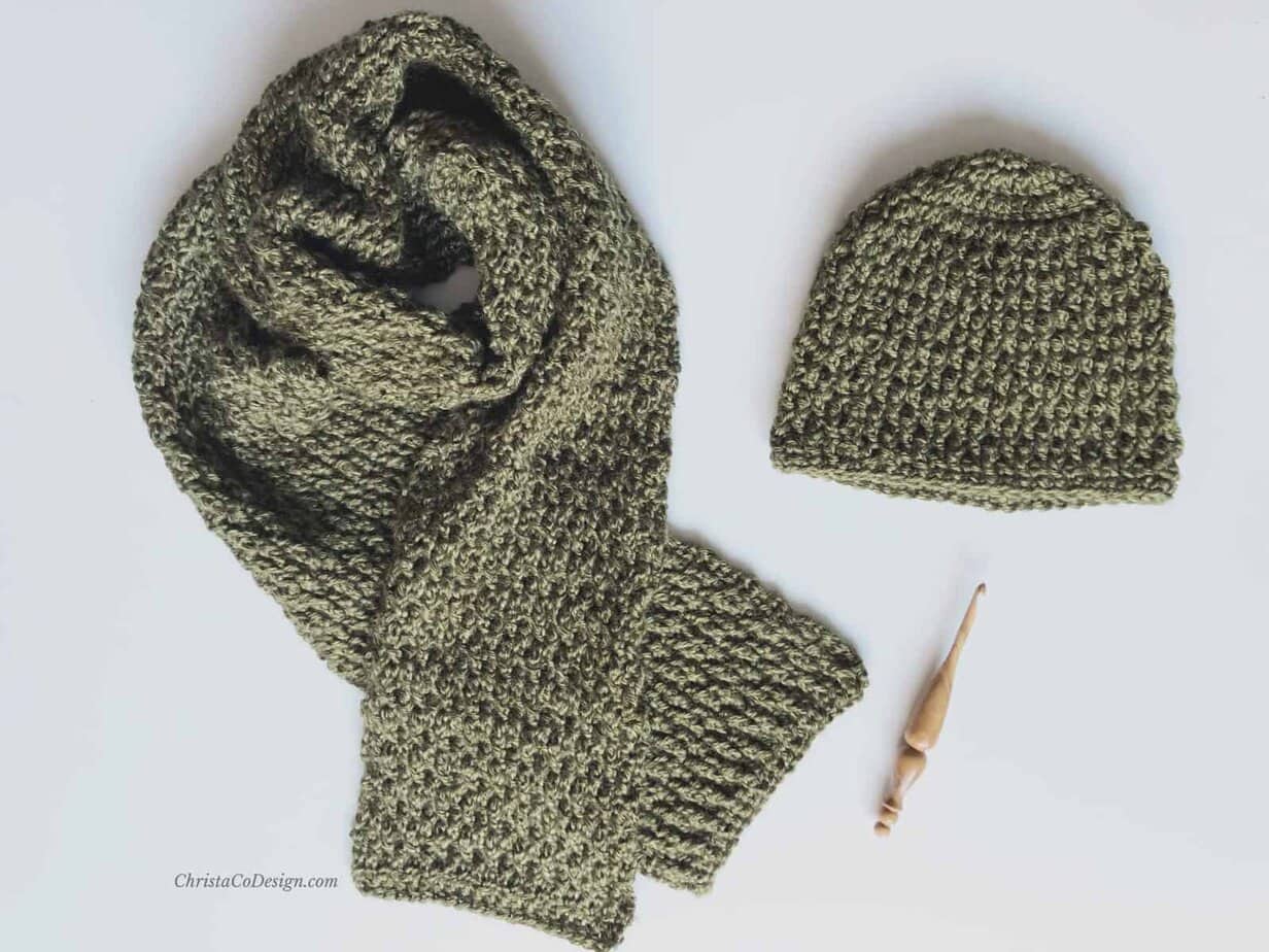 picture of Matteo set crochet textured scarf and matching beanie in green with handmade hook