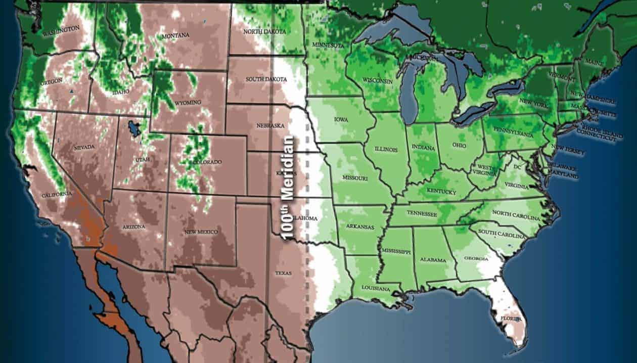 The 100th meridian west (solid line) has long been considered the divide between the relatively moist eastern United States, and the more arid West. The dotted line shows how this division has shifted east. Source: Columbia.