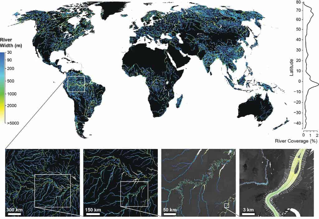 The Global River Widths from Landsat (GRWL) Database contains over 58M measurements of planform river geometry. Source: Allen & Pavelsky, 2018.