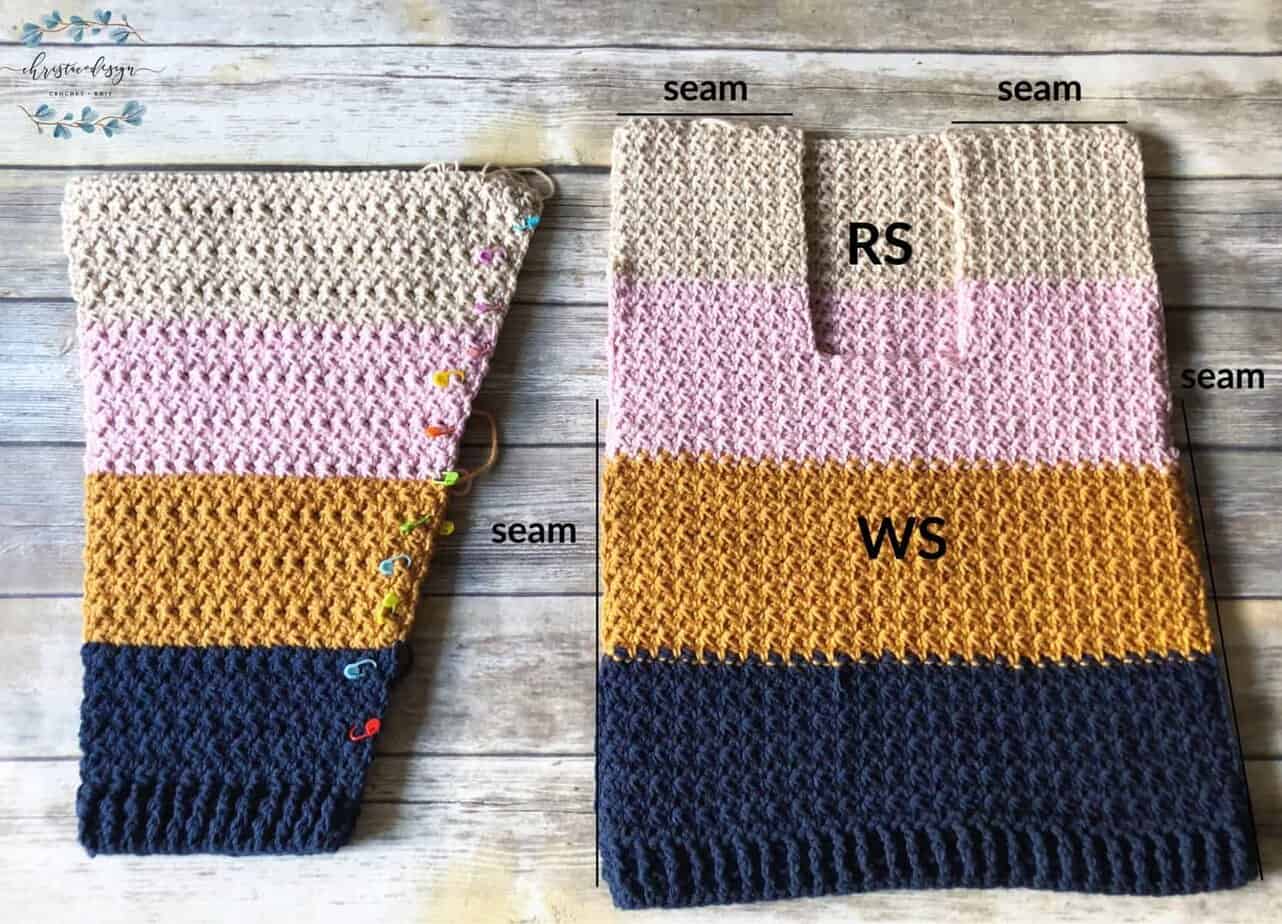 picture of pattern pieces: sleeves and body panels in blue gold pink and beige