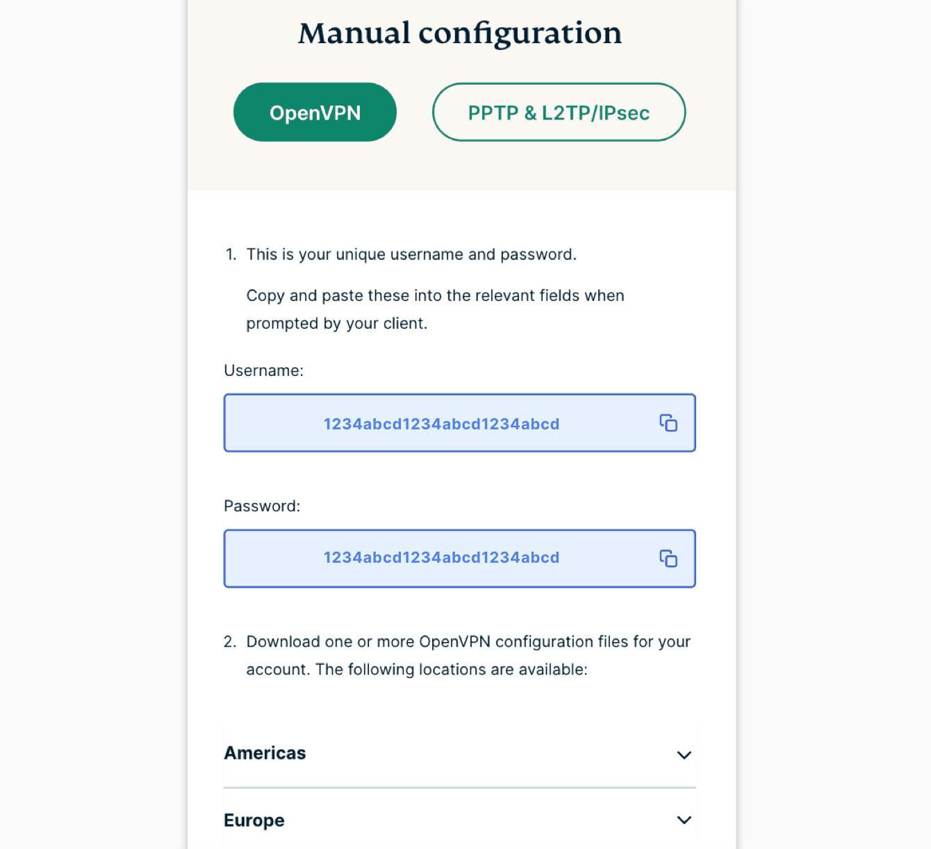 With "OpenVPN" selected, you will see your username, password, and a list of OpenVPN configuration files.
