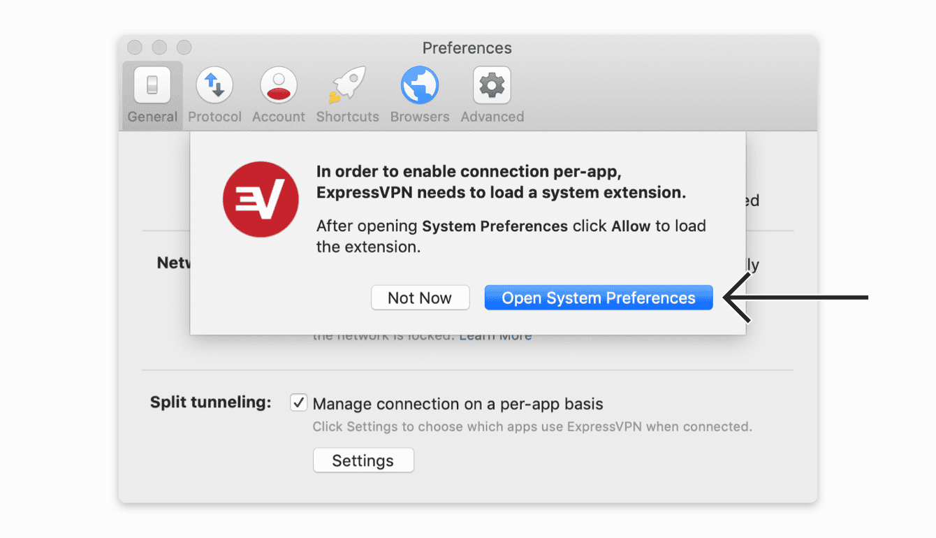 Click "Open System Preferences" to enable split tunneling.