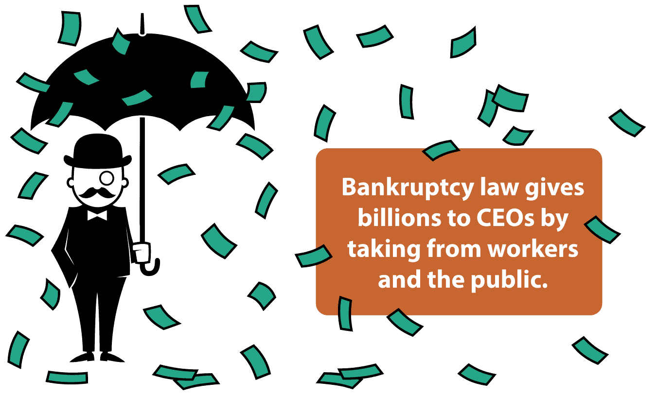 A rich-looking cartoon figure holds an umbrella as paper money falls from the sky.