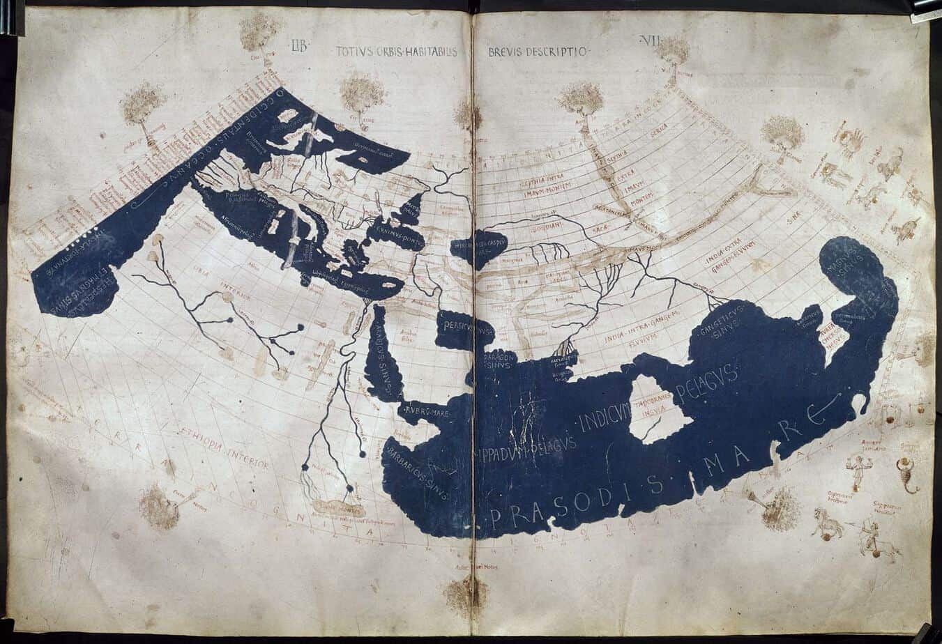 Ptolemy's Geographica, translated by Emanuel Chrysoloras and Jacobus AngelusHarley 7182 ff. 58v-59, 3rd quarter of the 15th century, British Library.