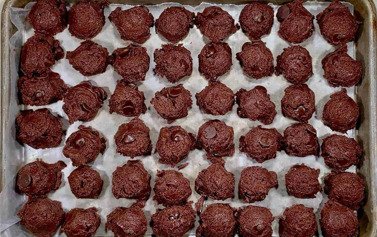 Mocha Chocolate Truffle Cookies lined up to go into the freezer