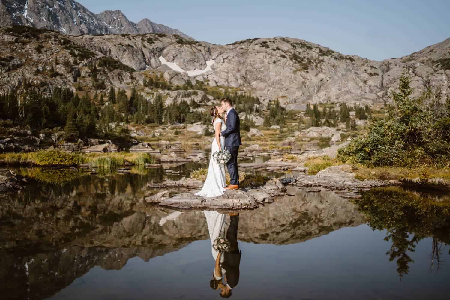 Bride and Groom Lake Reflections Colorado Mountain Elopement Packages