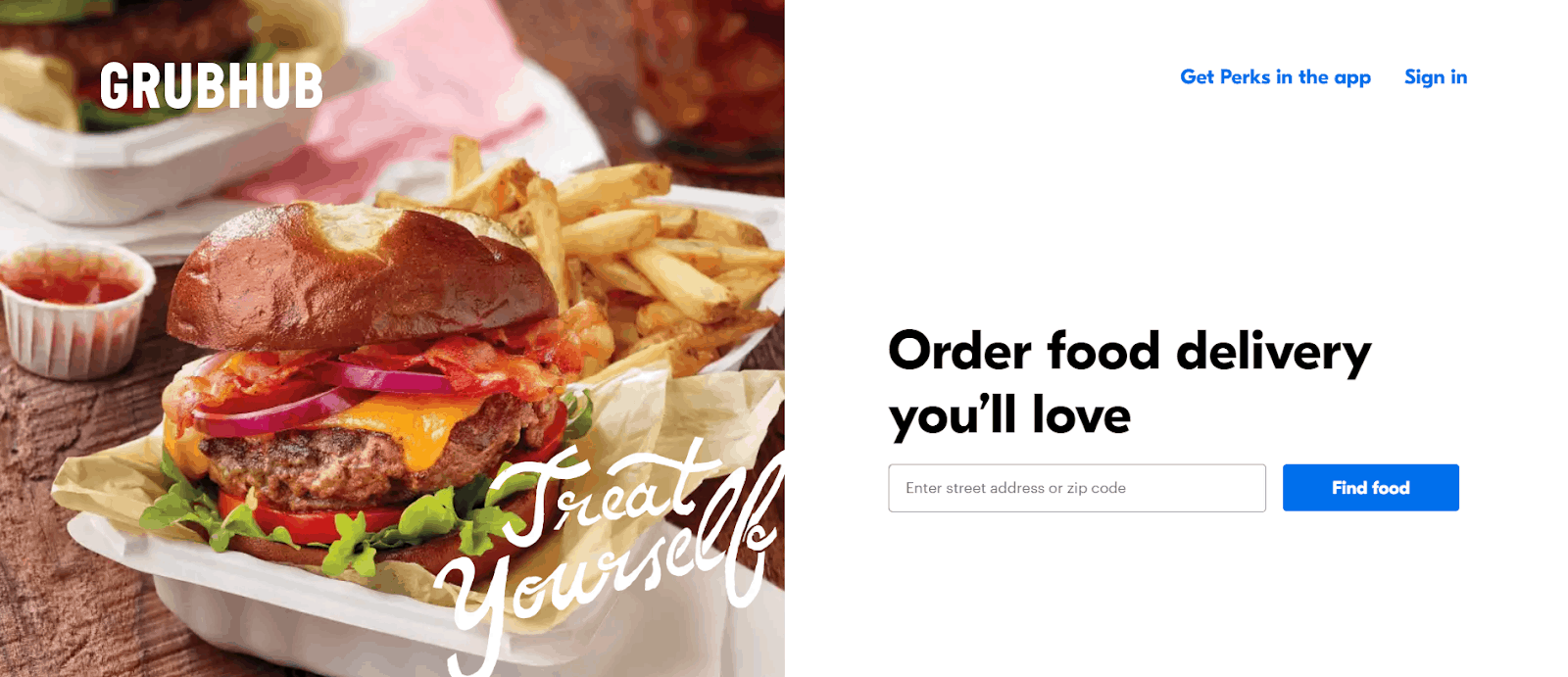 Food delivery services: The Grubhub homepage