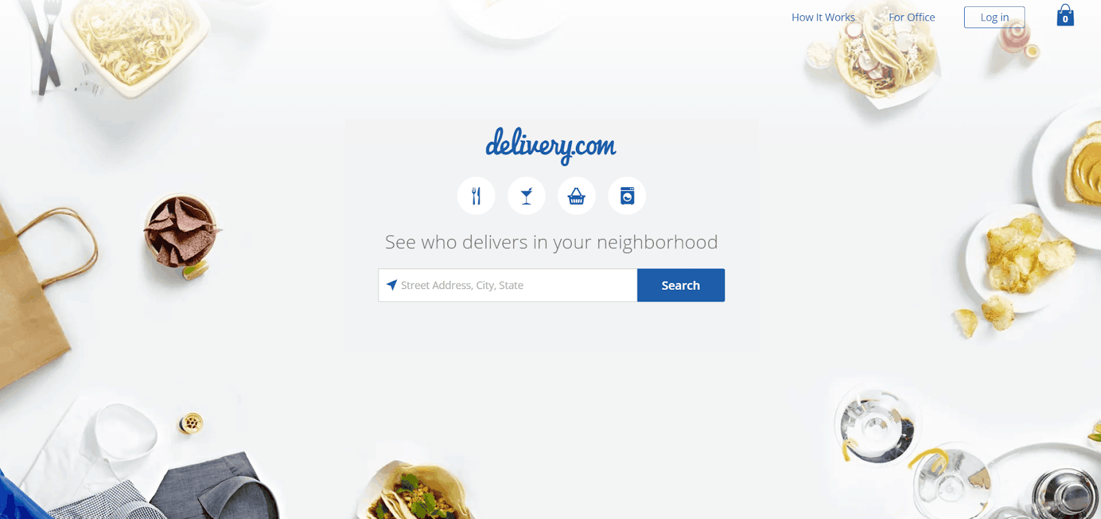Food delivery services: the Delivery.com homepage