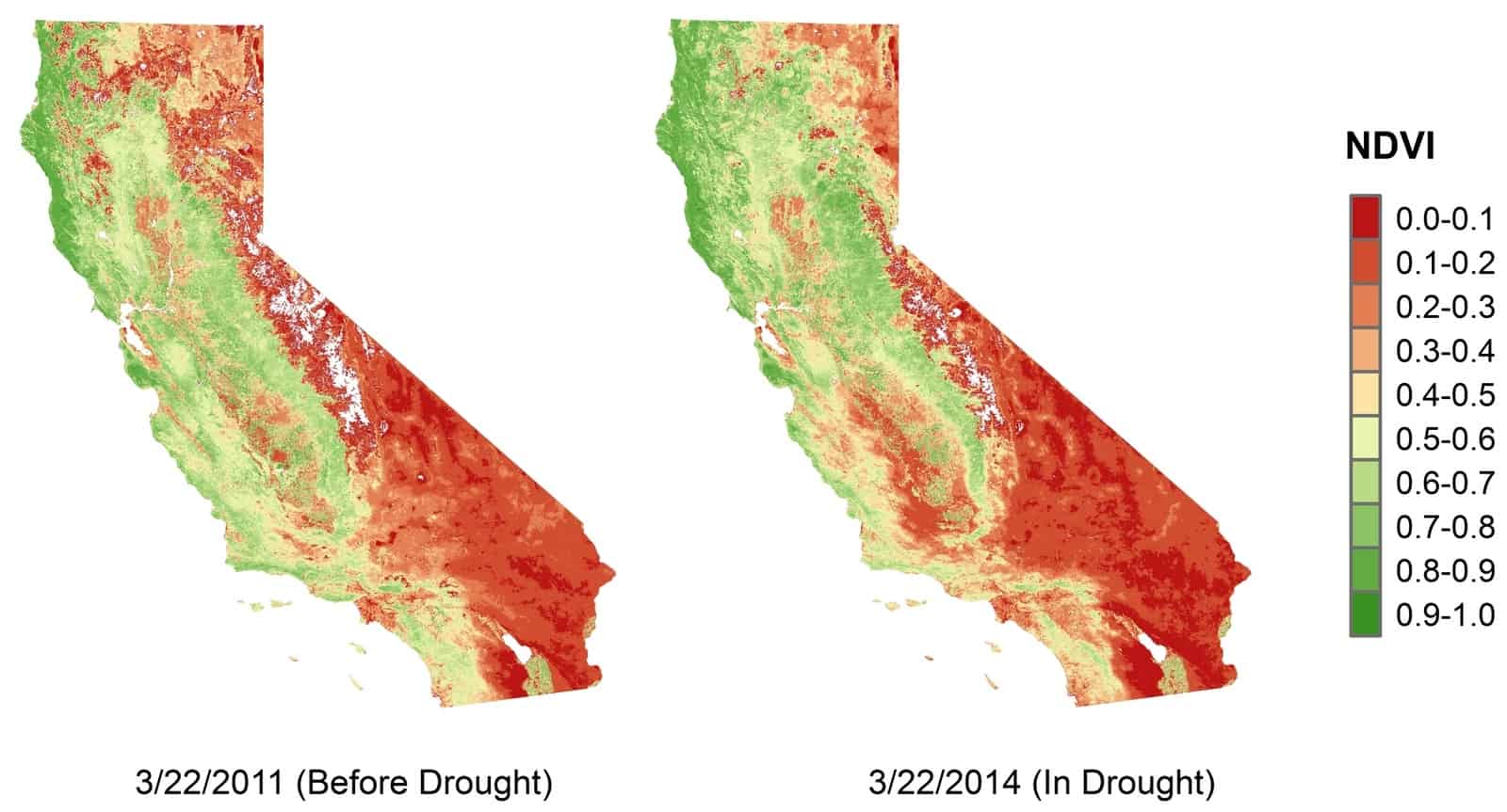 Normalized difference vegetation index satellite images of the state before and during the drought. | Image courtesy Chunyu Dong/UCLA.
