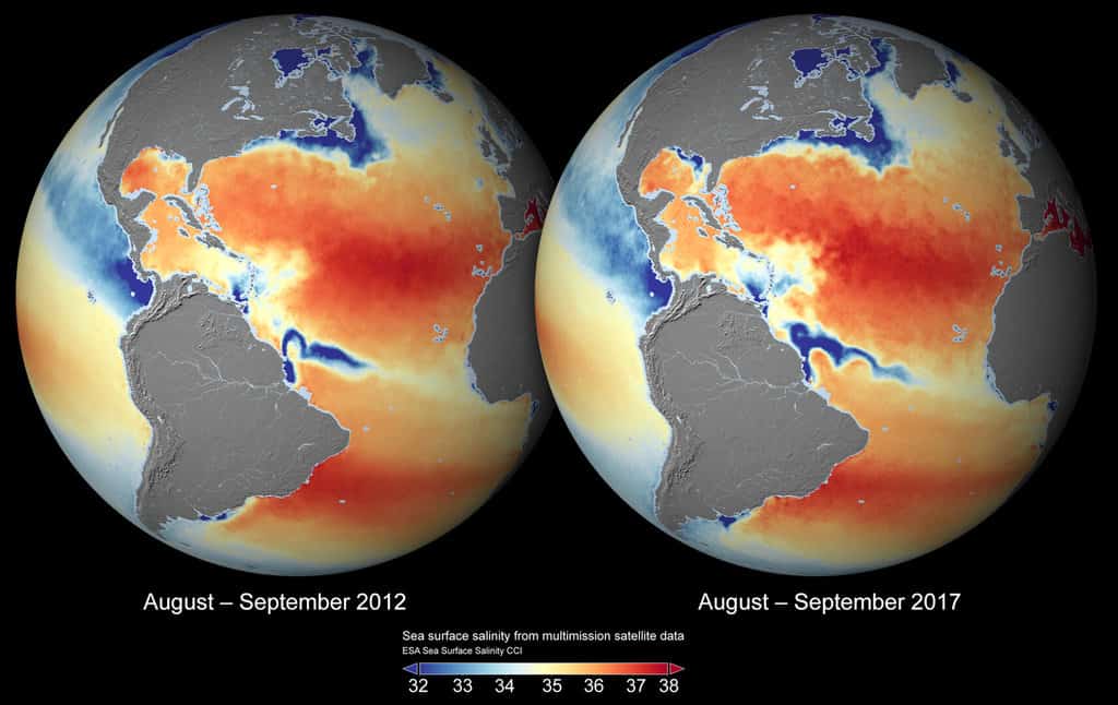 Global sea-surface salinity 2012 and 2017. Maps: ESA Sea Surface Salinity CCI