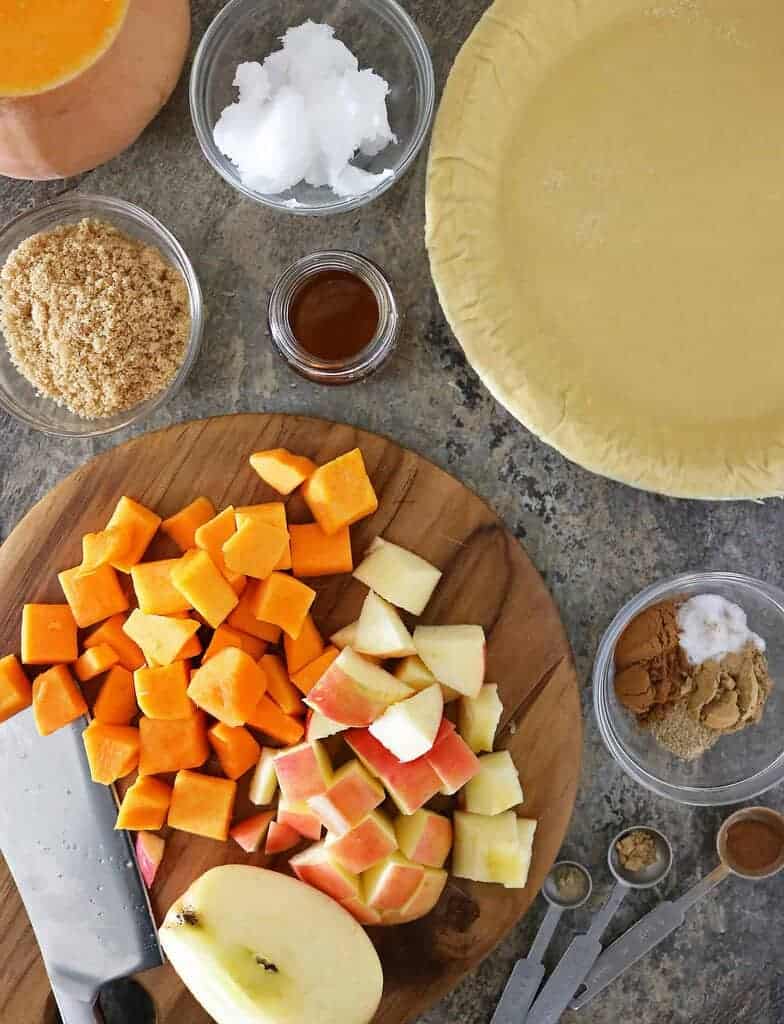 Ingredients For Apple Crumble Pie with butternut squash