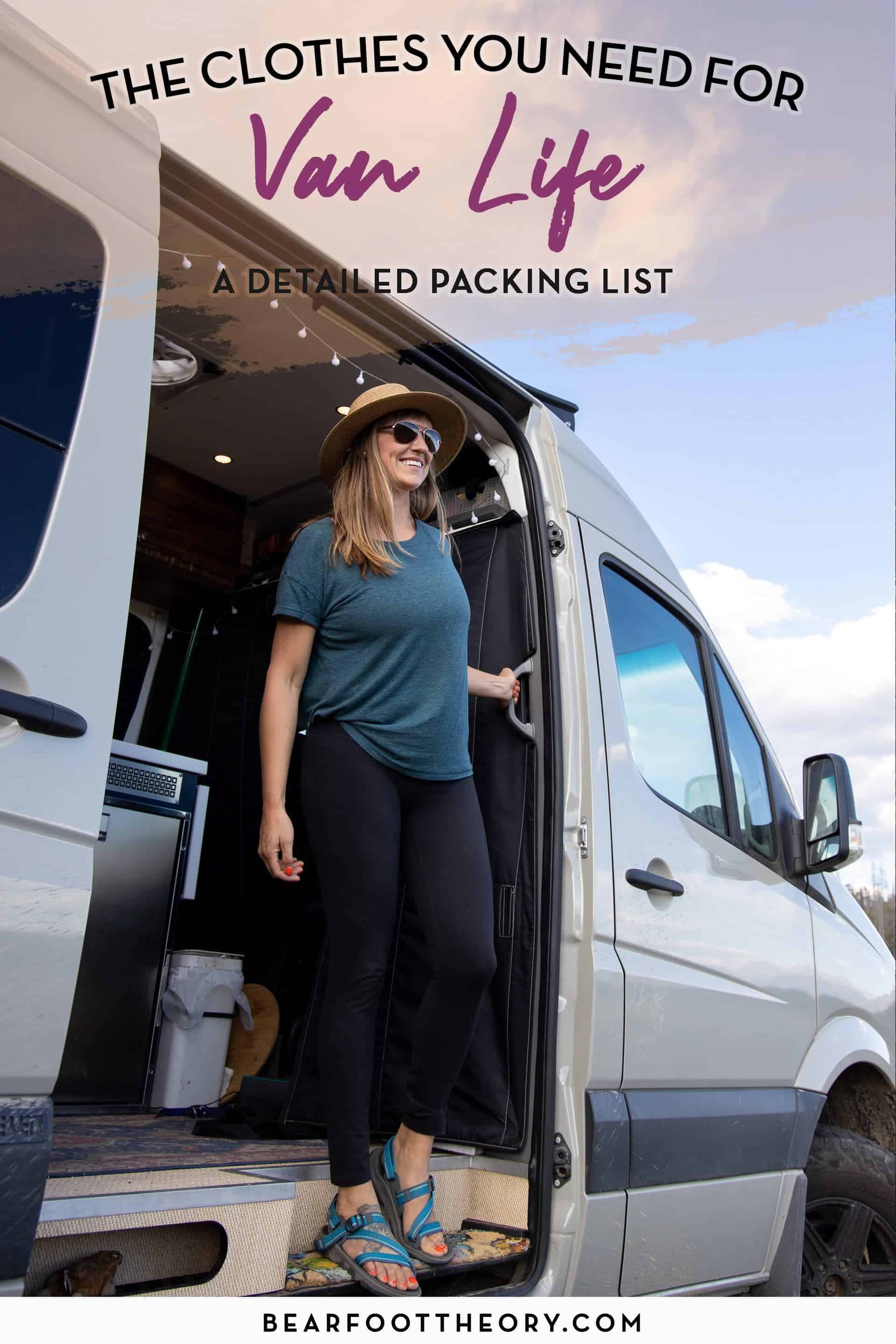 Adventurous women! Minimize your wardrobe for van life with this van life clothing packing list featuring functional and verstaile pieces for road tripping.