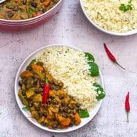 Black bean on a plate with cauliflower rice