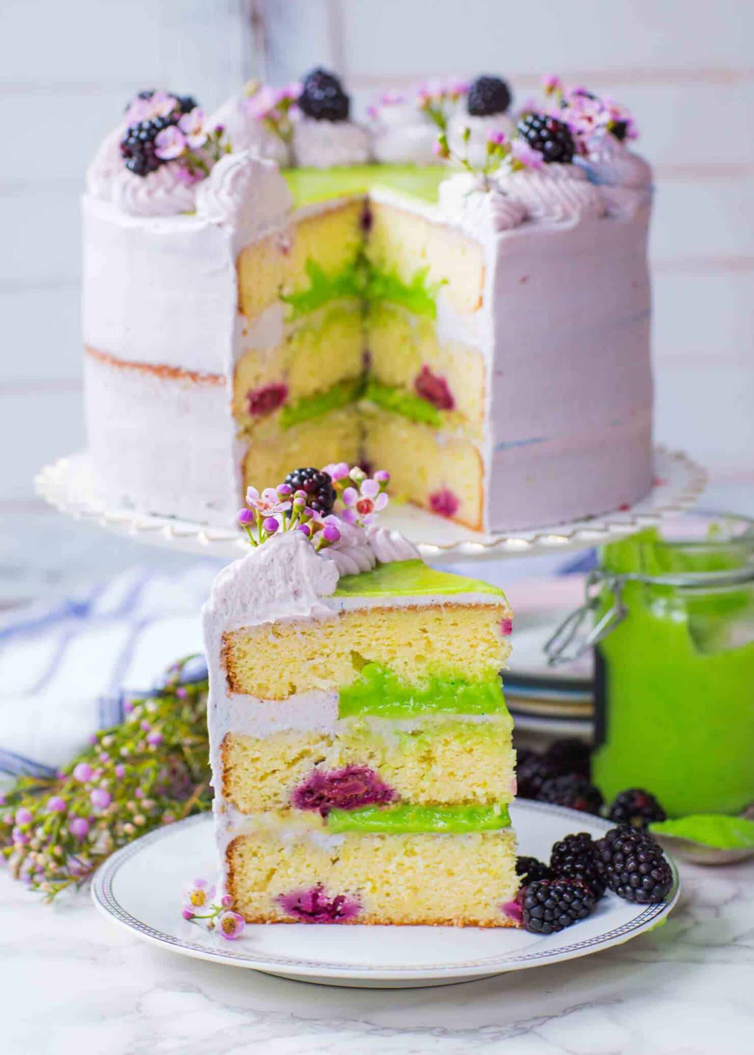 Blackberry Cake slice with lime curd filling