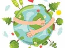 drawing of the earth blooming and two arm hugging the earth