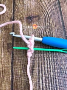 yarn bowl, pink yarn on crochet hook, fsc