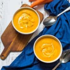 Soup with blue cloth and two spoons