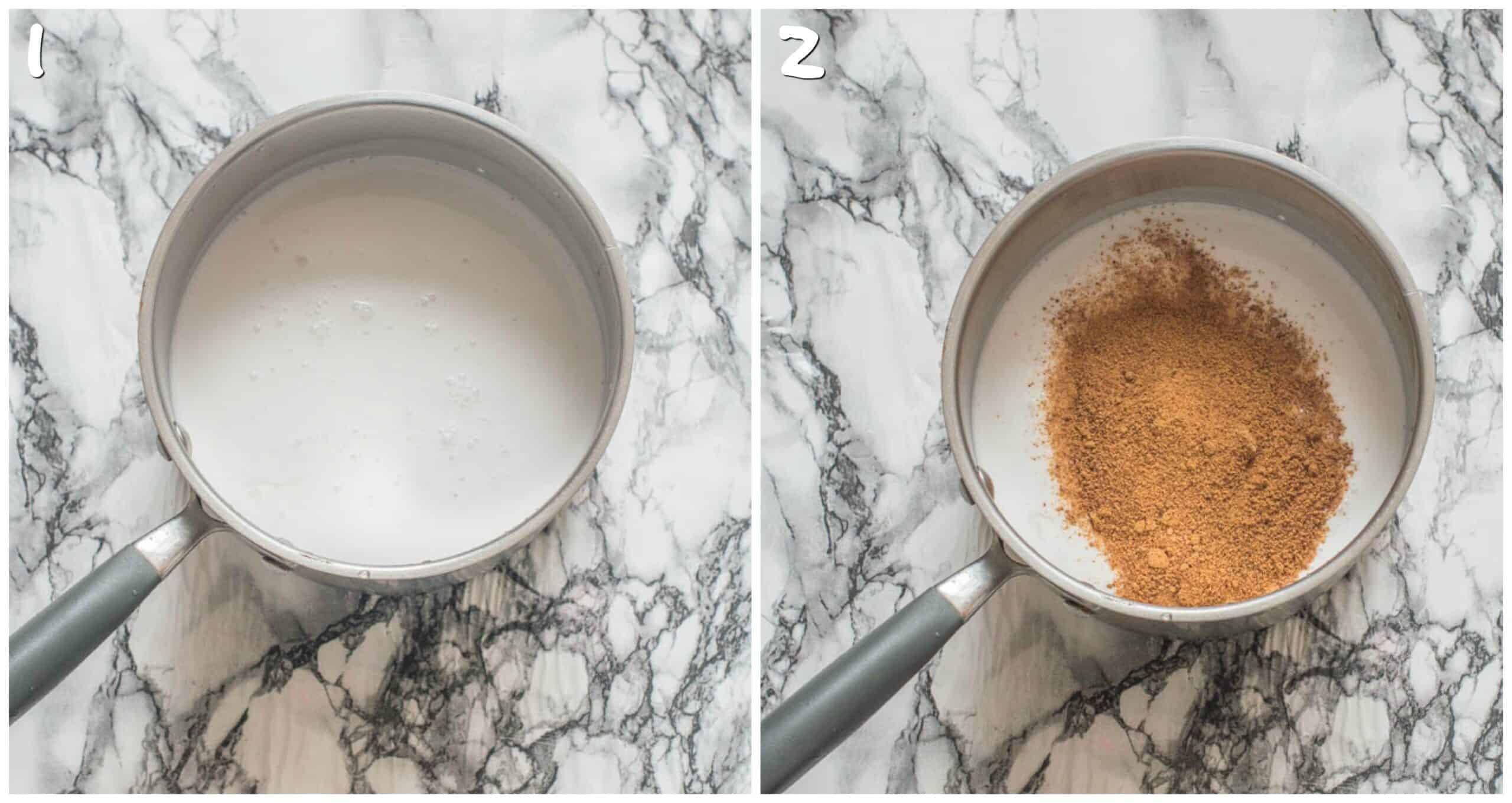 steps 1-2 boiling milk and adding coconut sugar