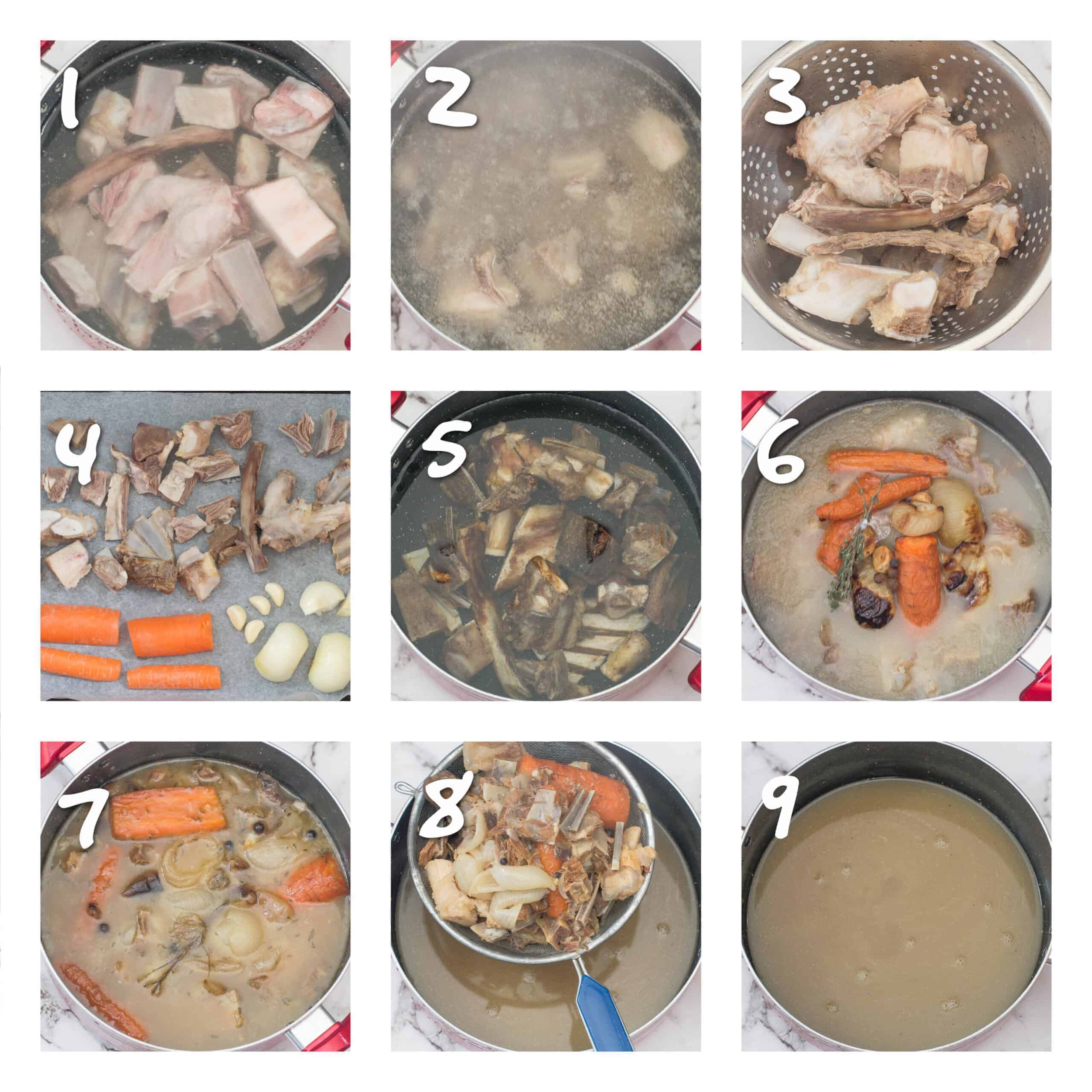 steps1-9 boiling bones and vegetables for stock
