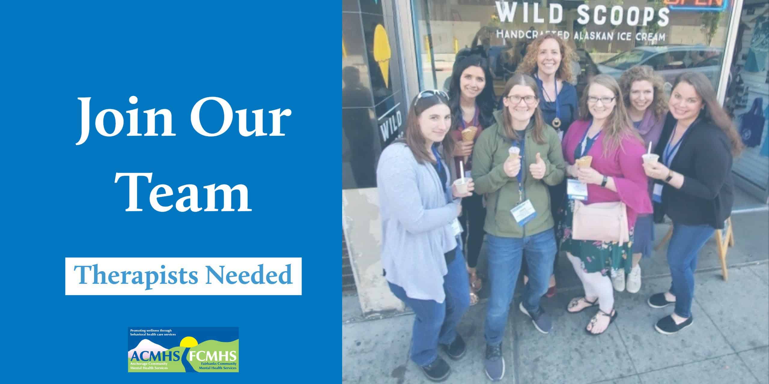 group of employees; text: join our team, therapists needed