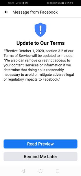 Facebook notification of TOS change
