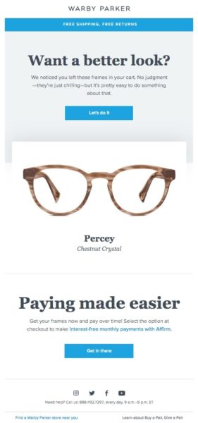 Example Abandoned Cart Email from Warby Parker