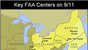 Map marking the Key FAA Centers on 9/11