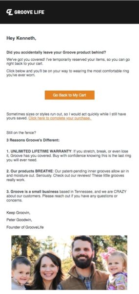 Example of an Abandoned Cart Email from Groove Life