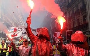 Photo of May Day rioting and demonstration in Marseille. Workers of ArcelorMittal hold Bengal fires during the annual May Day demonstration in Marseille, France, 01 May 2009.
