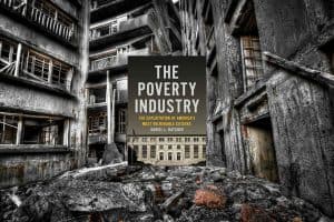 The cover of The Poverty Industry book, with a background of run-down buildings.