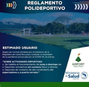 Carte color azul que indica el reglamento del polideportivo La Fortuna San Carlos