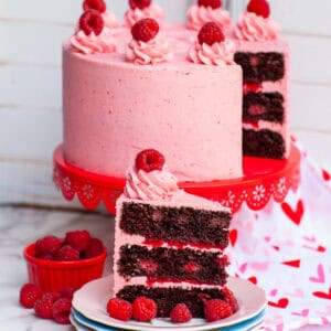 chocolate raspberry cake with berry buttercream and fresh raspberries