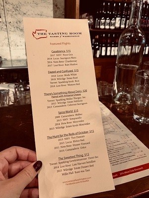 Wine Tasting Flight Menu at "The Tasting Room" in Seattle's Pike Place Market