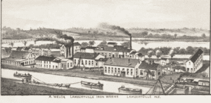 Detail from "Aerial View of Lambertville," 1883 showing Lambertville Iron Works