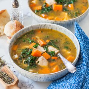 sweet potato kale chicken soup with herbs de Provence and baguette