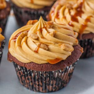 chocolate cupcakes with salted caramel buttercream and toffee chips