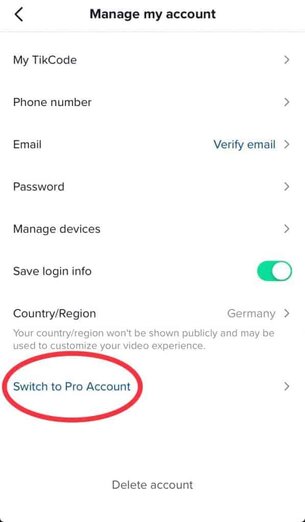 Where to switch to a pro account in TikTok
