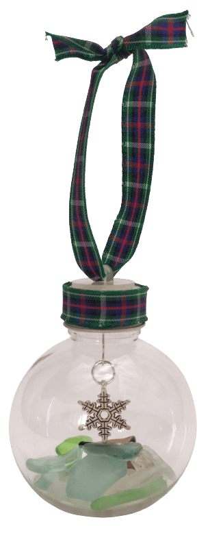 Image shows a Christmas bauble with loch ness sea glass and a tartan ribbon loop.