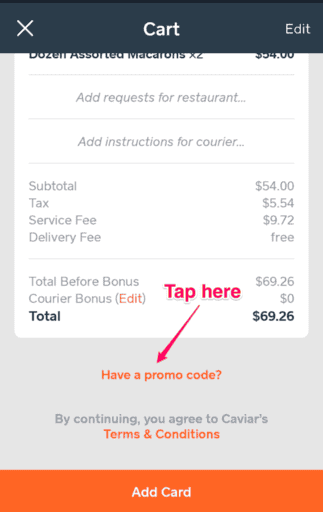 how to enter a promo code on caviar