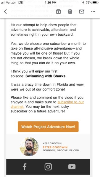 Example of Groove Life's Project Adventure Email