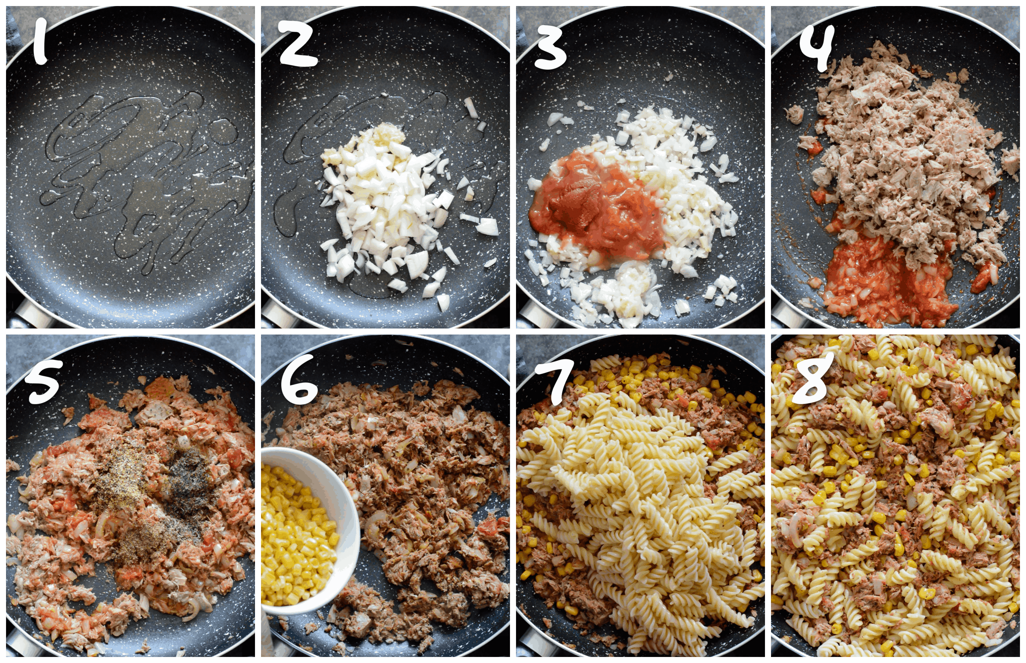 steps1-8 sauteing and adding the tuna, sweet corn and pasta to the skillet