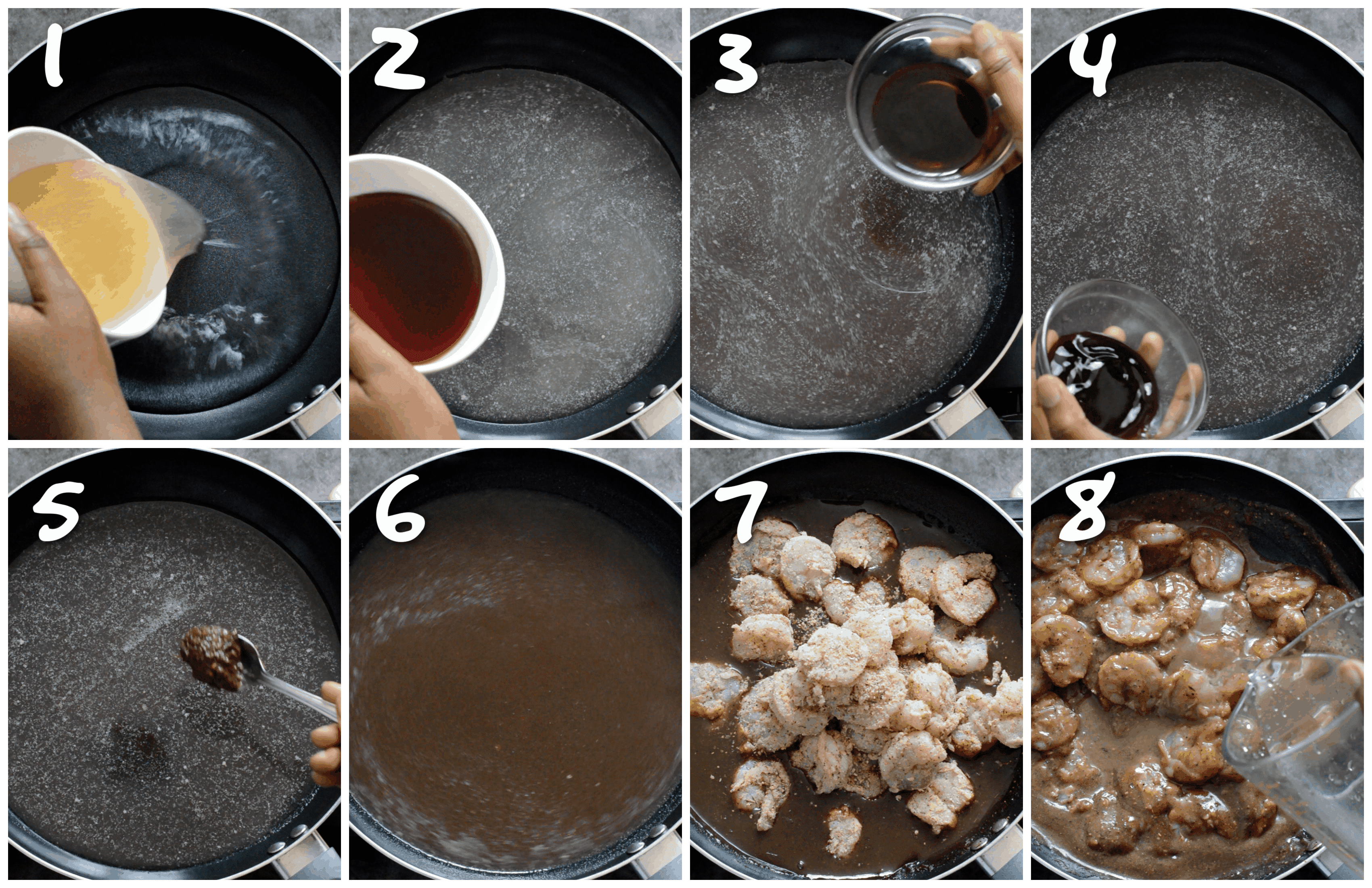 steps1-8 making the black pepper sauce and adding the shrimp
