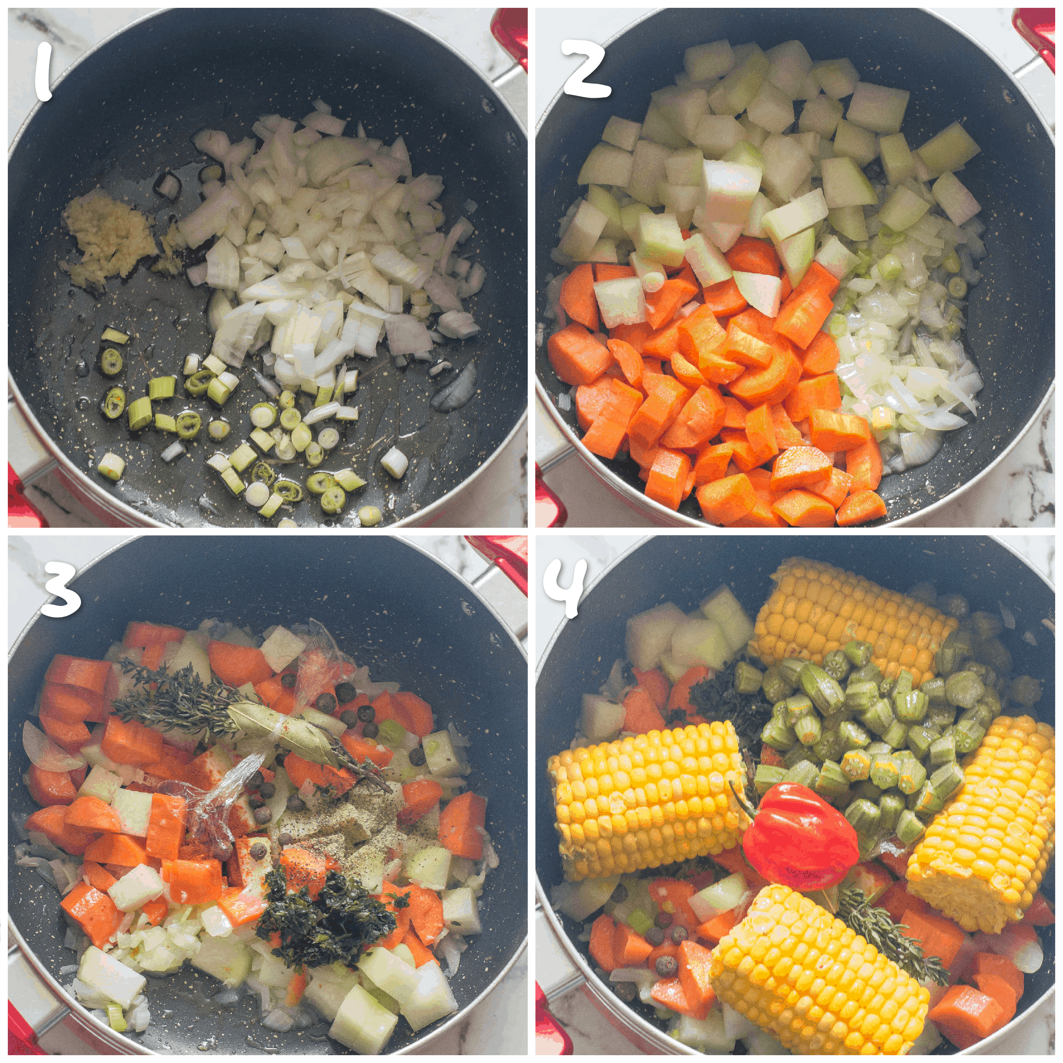 steps1-4 in sauteing the base ingredients