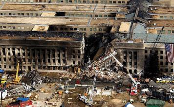 Aerial view of the damage from American 77 to the Pentagon on 9/11