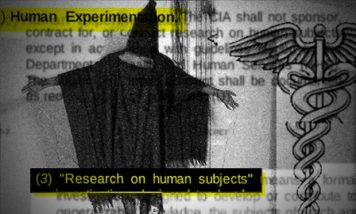 CIA director George Tenet approved waterboarding A human subject covered in blackout hood and garb stands in a stress position with document in background from CIA research on human subjects