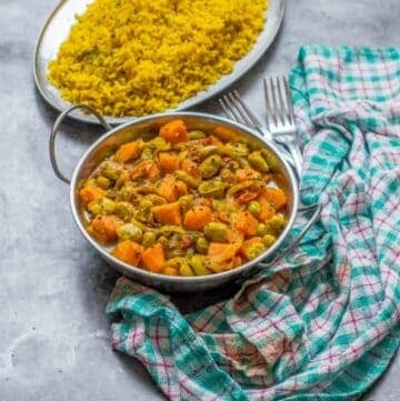 curry, rice and a teal cloth