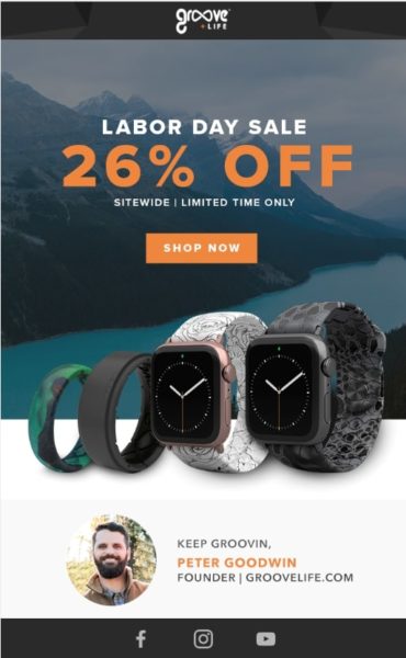 Example of a Labor Day Sale Promotional Email from Groove Life