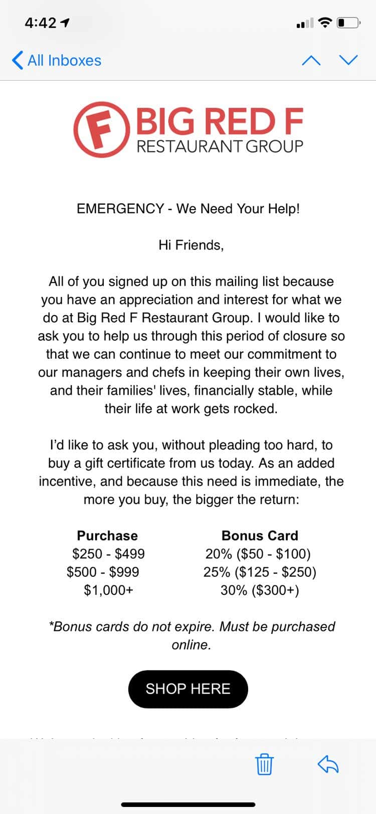 Big Red F gift card email promotion.