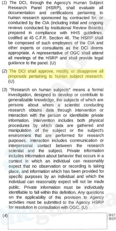 The CIA director’s powers over ‘human subject research’ have not been previously disclosed. The DCI shall approve, modify, or disapprove all proposals pertaining to human subject research.