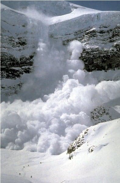 Avalanche in Rocky Mountain National Park. Note the skiers at the bottom of the photo. Photo: Rocky Mountain, NPS, public domain.